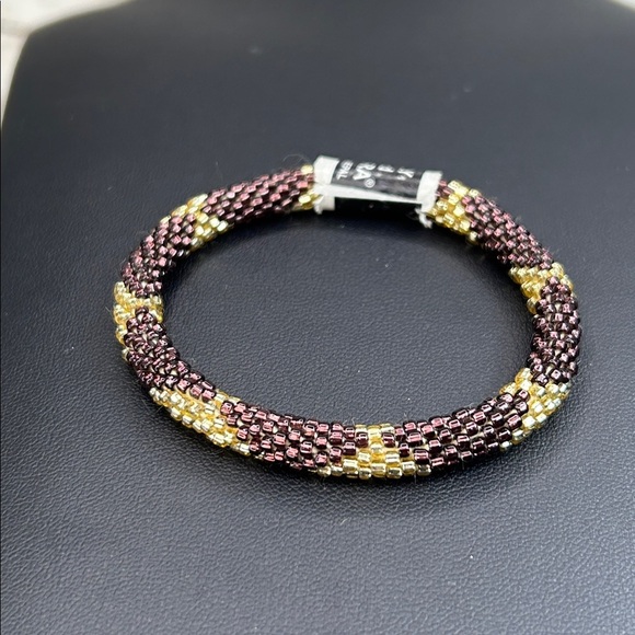 Lily & Laura Nepal Glass Handmade Roll On Gold and Brown Beaded Bracelet - Picture 1 of 6
